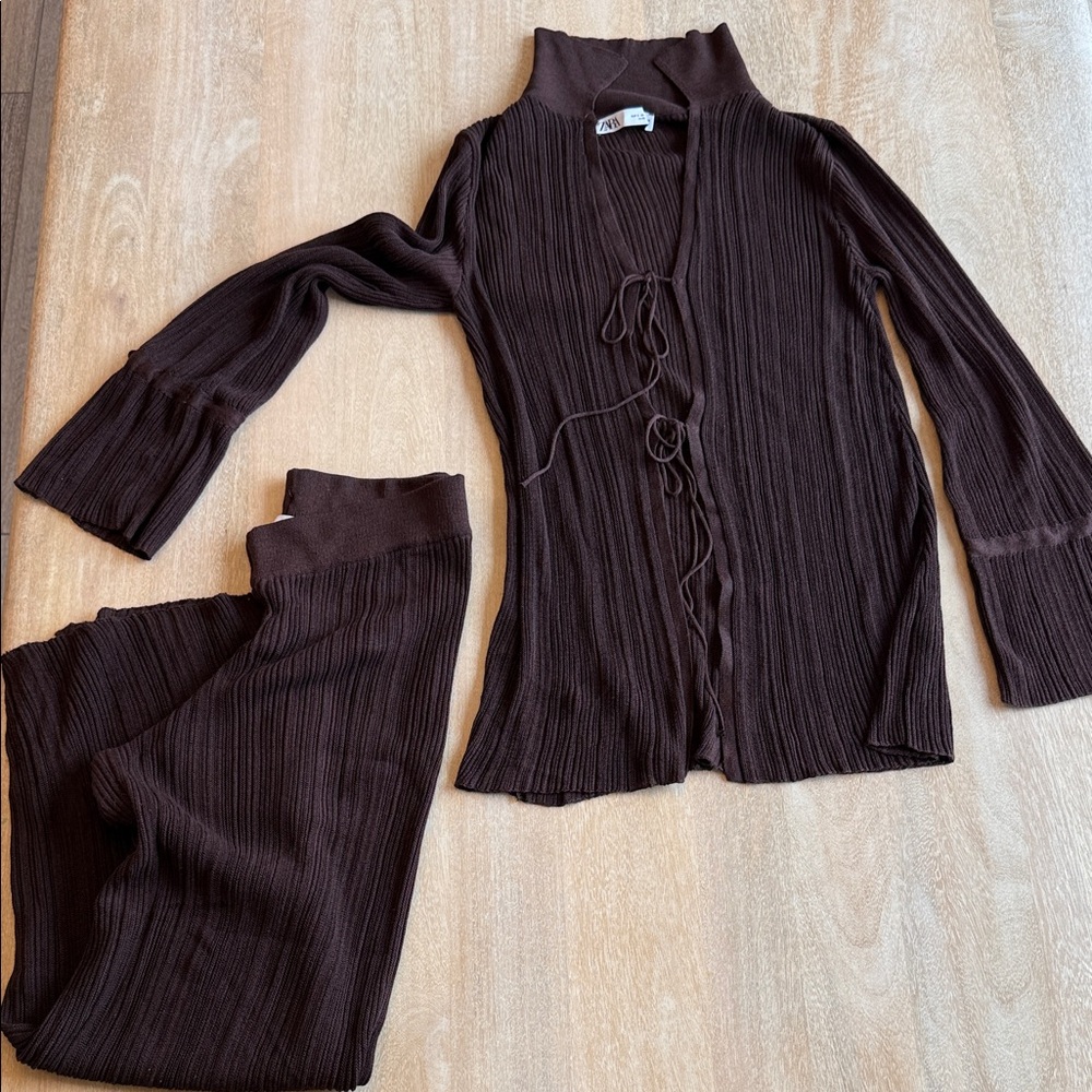 Zara Dark Brown Ribbed Tie-Front Top & Pants Set